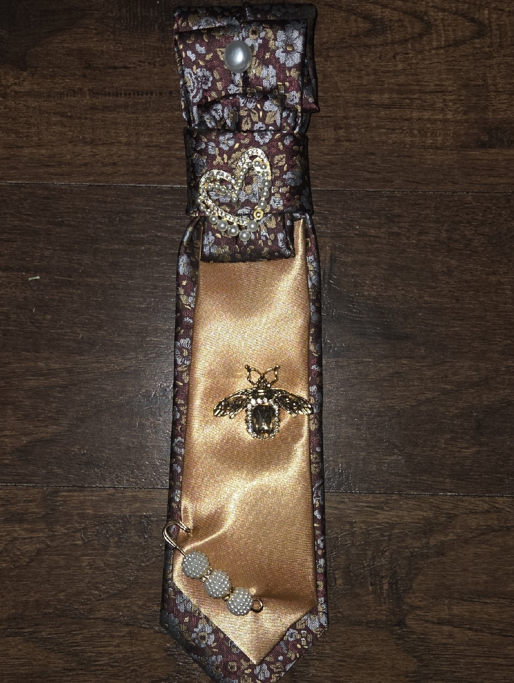 "Lets Bloom" Gold and Brown Floral Silk Necktie with Bee Pin
